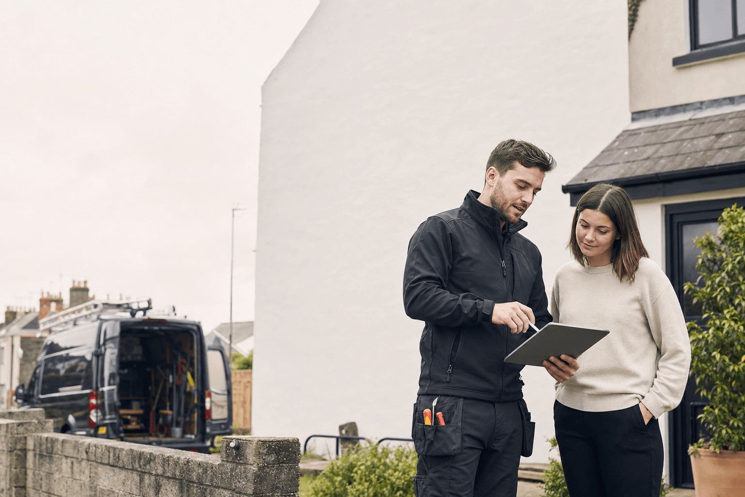 Tradesperson reviewing a job plan with a customer